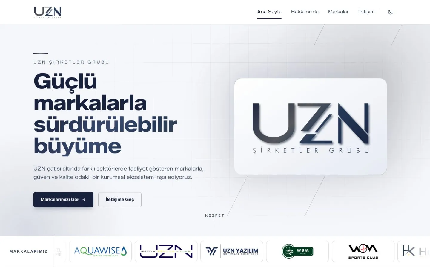 UZN Şirketler Grubu web sitesinin ana sayfası