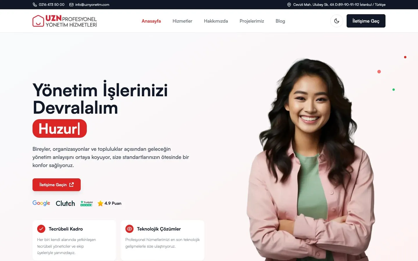 UZN Yönetim kurumsal web sitesinin ana sayfası